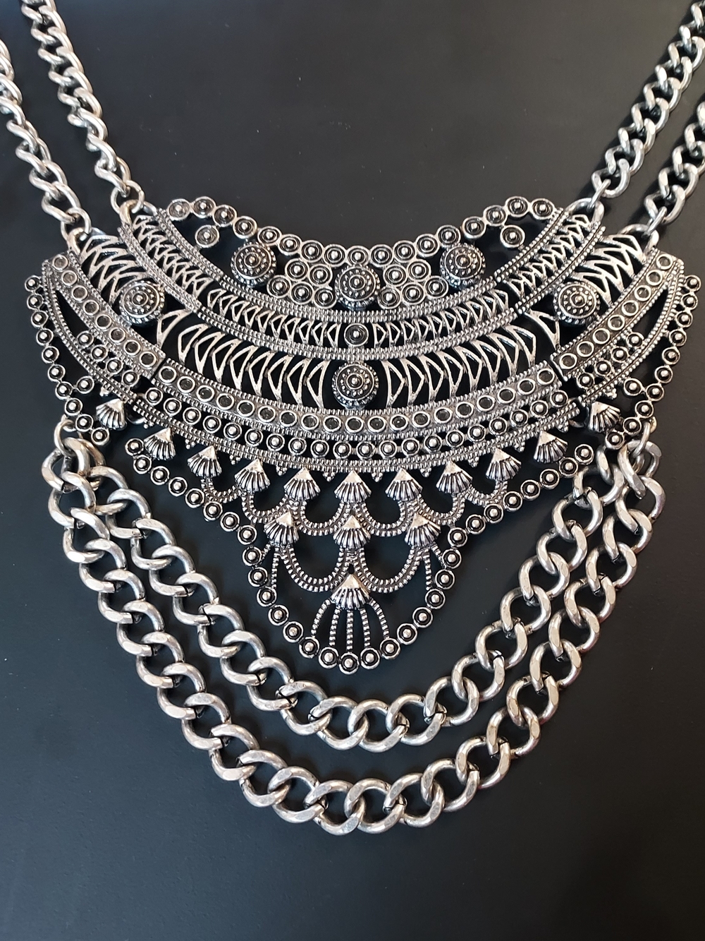 Statement Silver-Tone Bohemian Bib Necklace